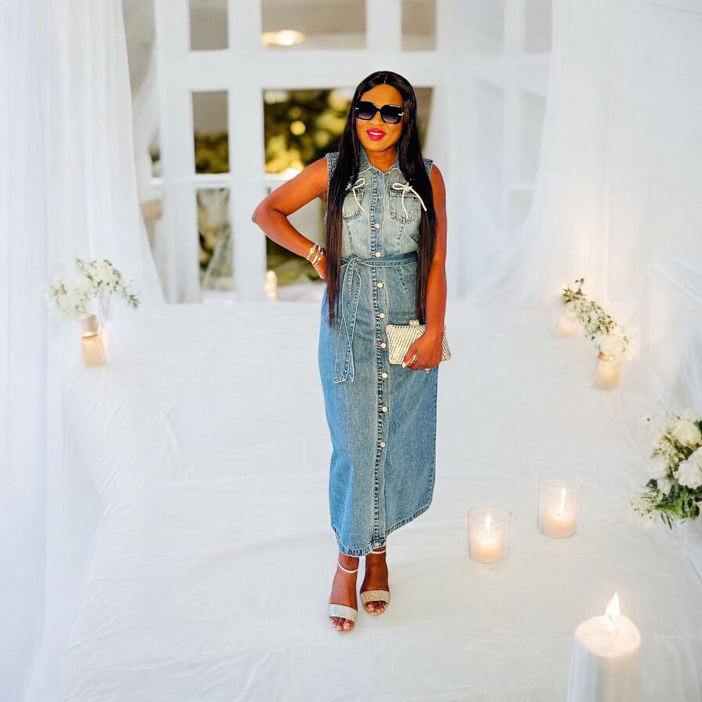 Da Glam Bling Bow Denim Maxi Dress😘