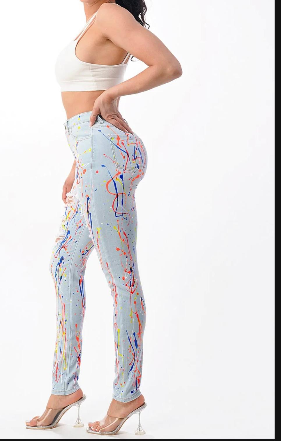 Sexy Light Blue Paint Print Jeans. Carnival Vibes!!